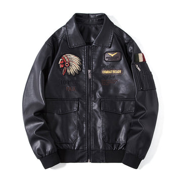 Men's Embroidered Bomber Flight Leather Jacket